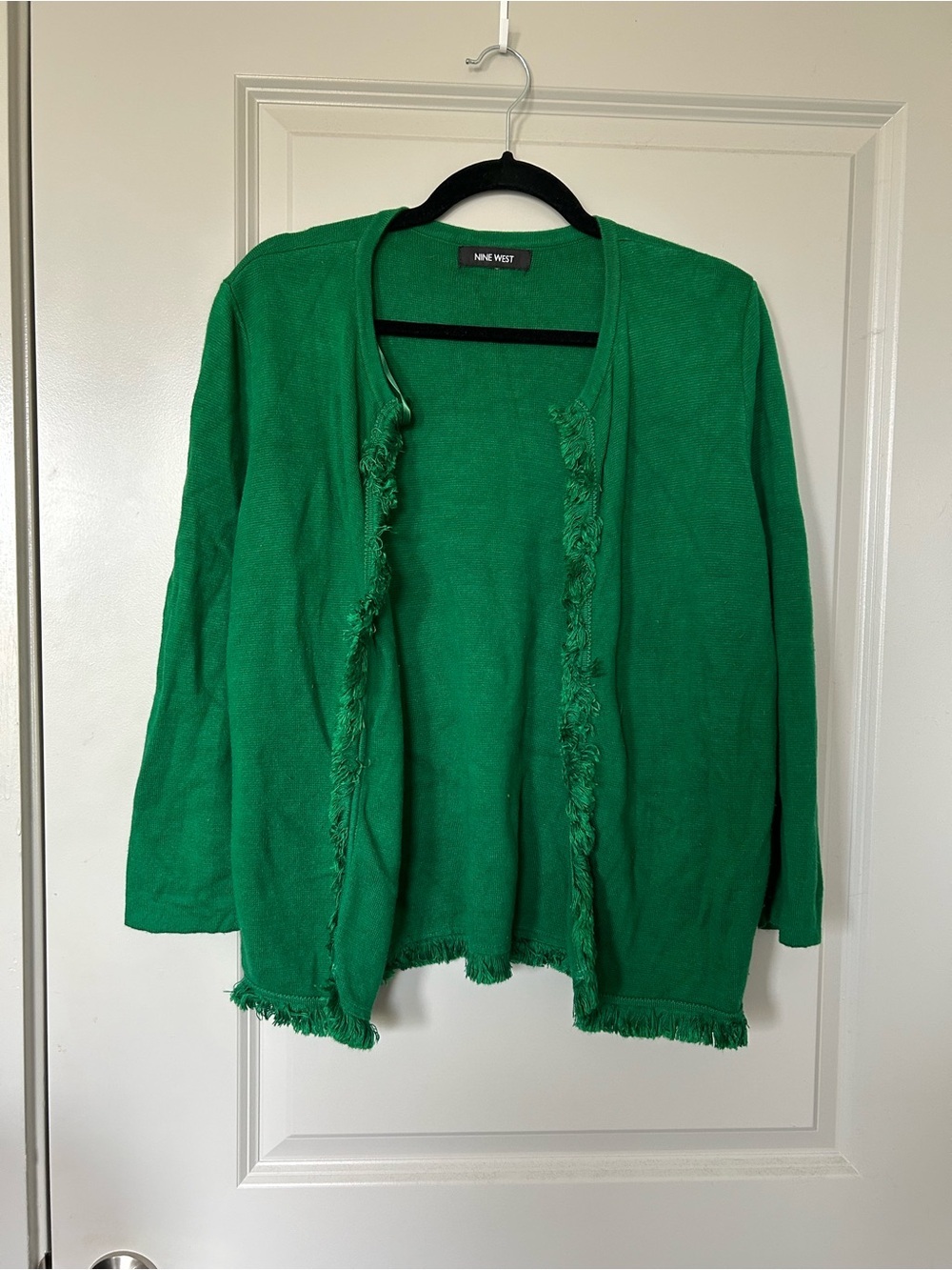 Nine West Emerald Green Open-Front Fringe Trim Cardigan